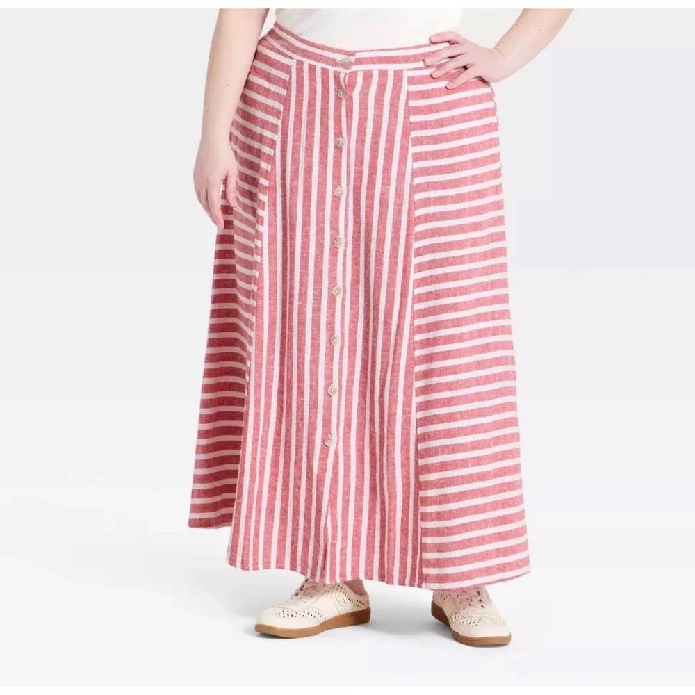 Universal Thread Red White Striped Linen Blend Button Front Maxi Skirt Large NEW